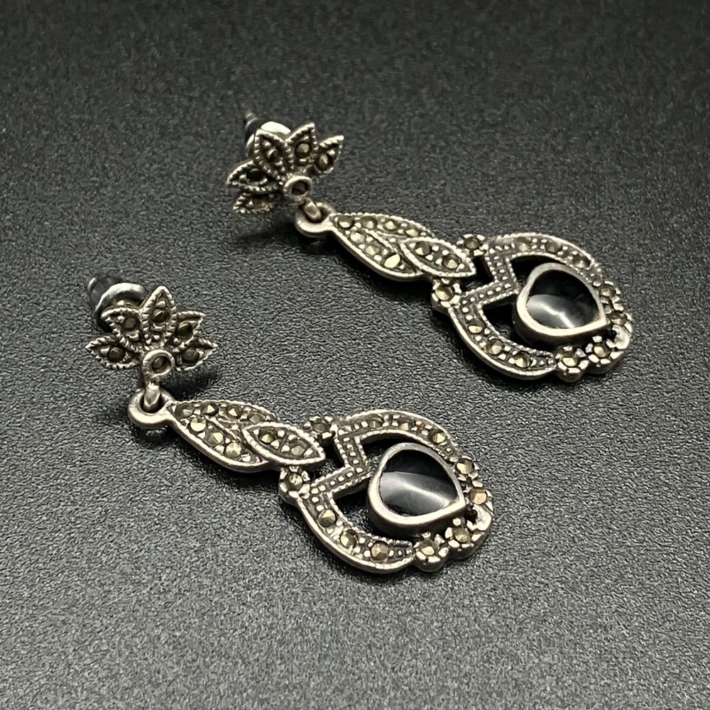 Vintage Sterling Silver Earrings Marcasite Black Stone Heart Inlay Dangle 1.5 "